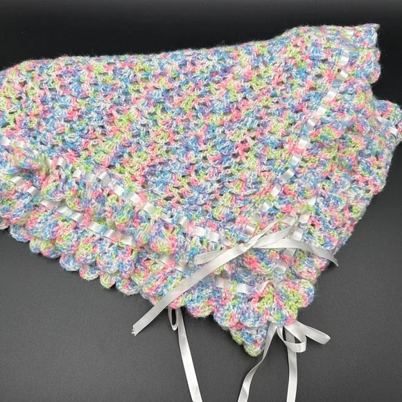 Crochet Baby Blanket White Ribbon Trim‎ Multi Pastel Colors Nursery Decor - Picture 2 of 3